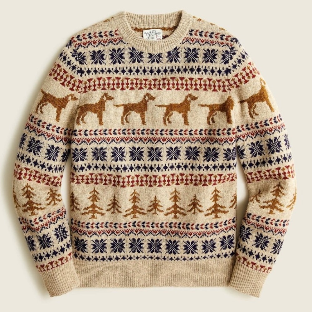 J. Crew Nordic Wool Fair Isle Sweater Dog Print Mens Beige Navy Red